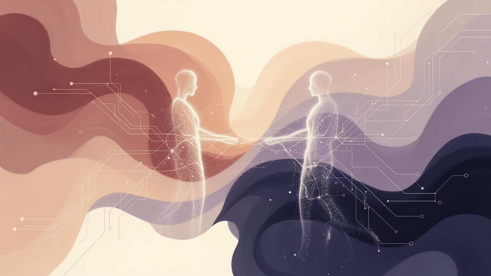 Abstract illustration of two figures connecting across flowing color fields and delicate circuitry — the future of intimacy
